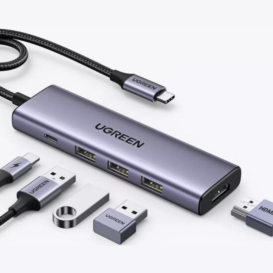 Хаб (разветвитель) Ugreen CM511 HDMI 4K при 30 Гц , 3хUSB 3.0 A, PD, 100Вт, серый (15596)