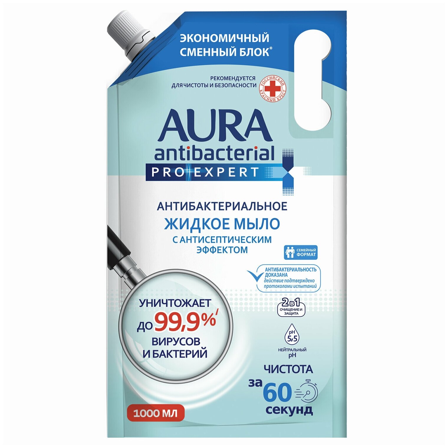 AURA, Мыло-крем антибактериальное 1 л AURA PRO EXPERT, с антисептическим эффектом, дой-пак, 10624, Россия