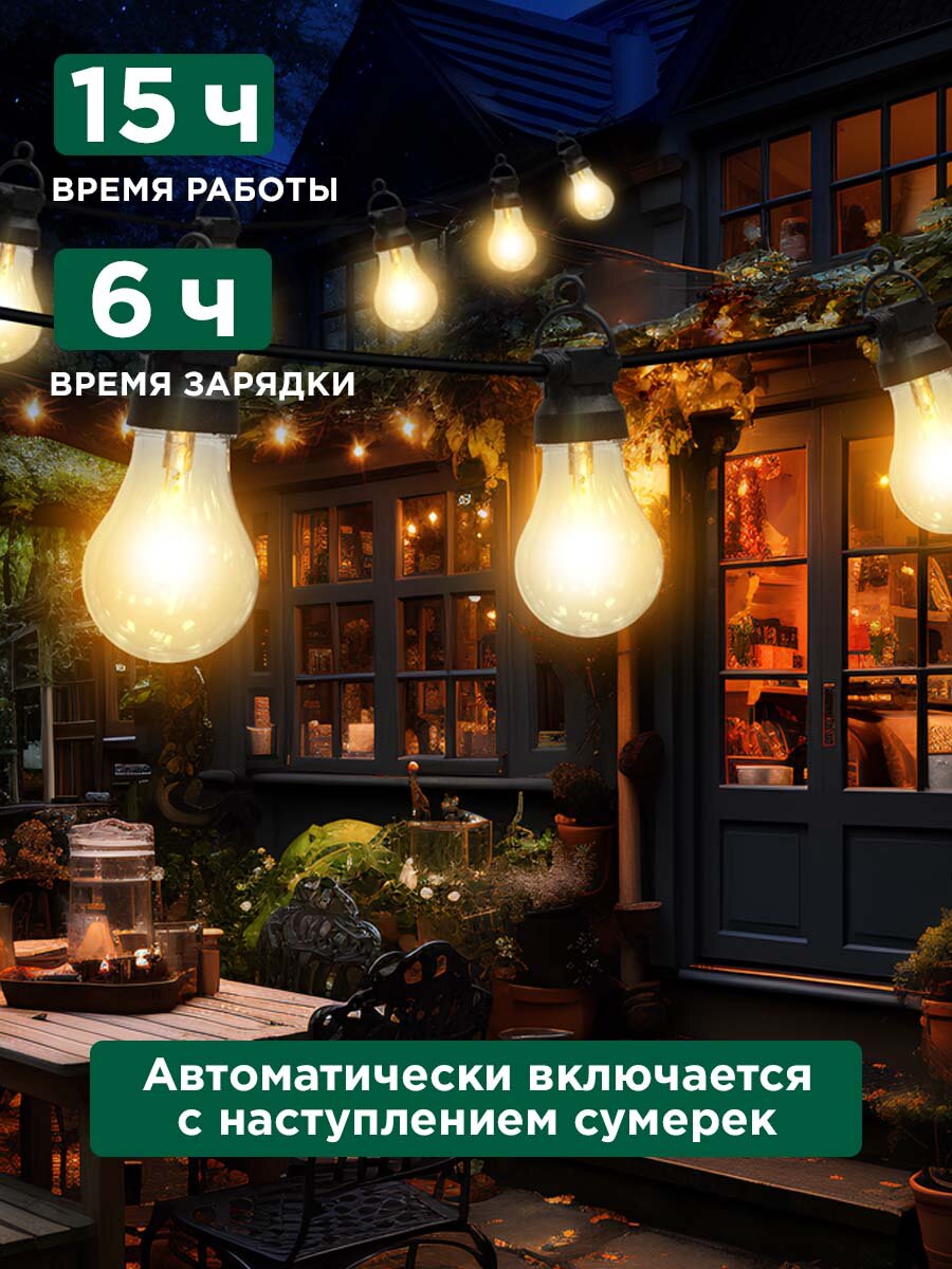 Гирлянда садовая Канэри, 20м, 3000К, встроенный аккумулятор, солнечная панель, коллекция Лондон REXANT — фото 1
