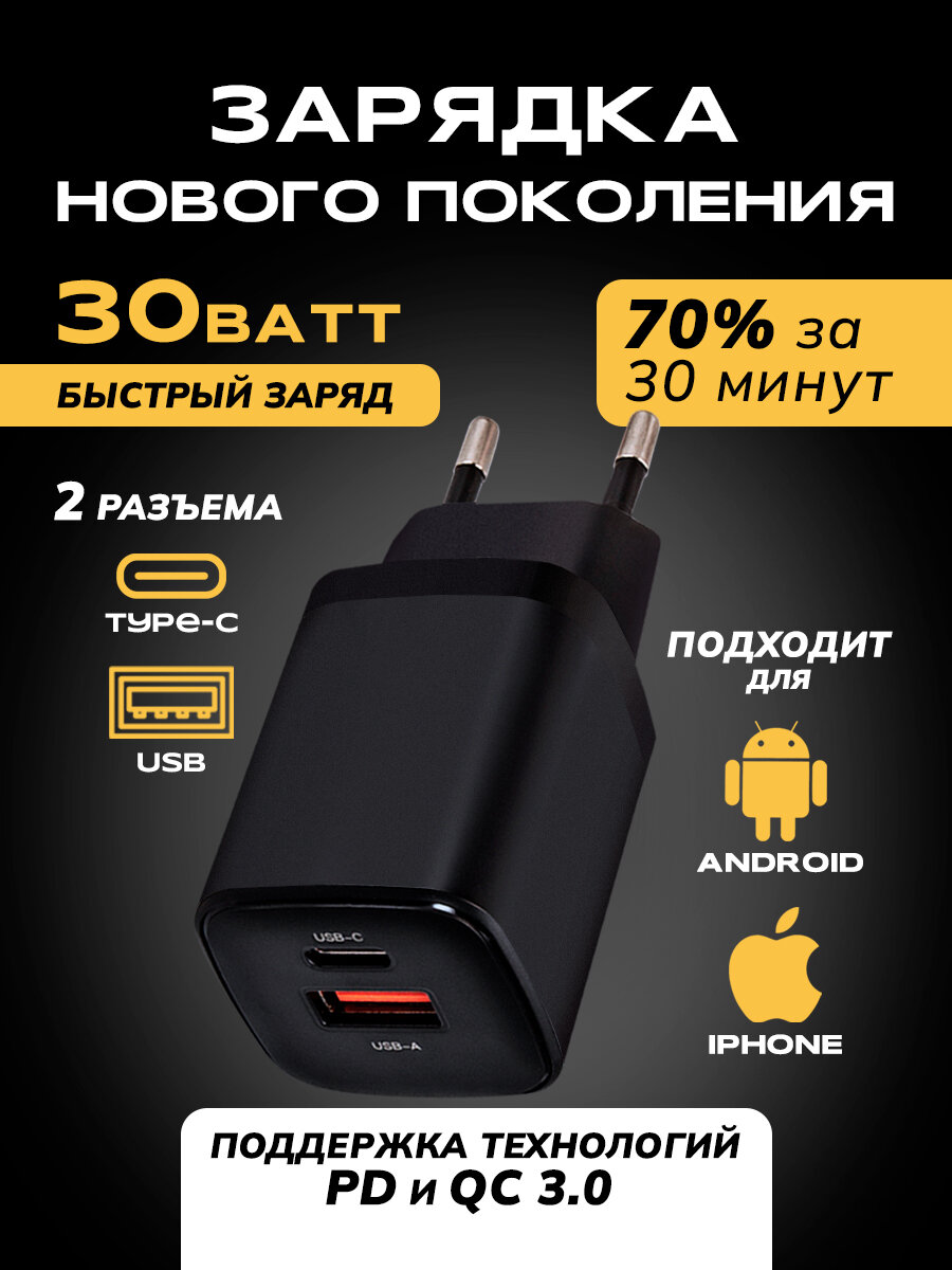 Зарядное устройство для телефона, 30Вт, зарядка type c + USB, зарядка для айфона, блок питания type c, адаптер, черный