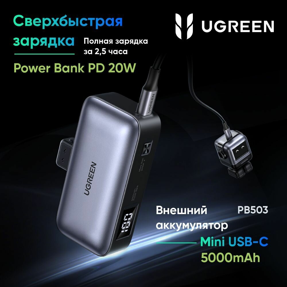 Внешний аккумулятор UGREEN PB503 (35338) 5000mAh Mini USB-C Power Bank PD 20W. Цвет: серый