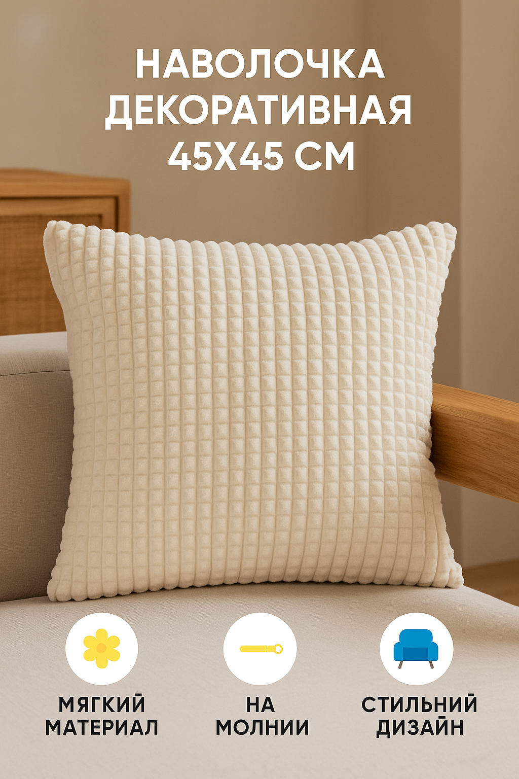 Наволочка декоративная Lizzy Home велсофт на молнии 45х45 цвет молочный