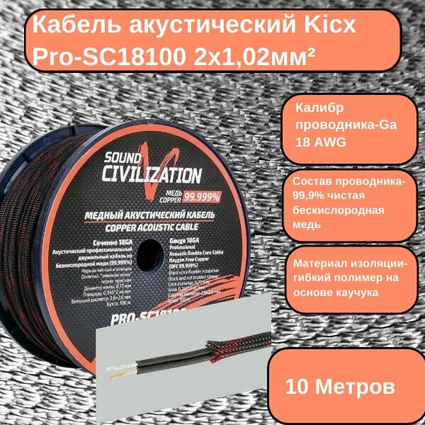 Кабель акустический Kicx Pro-SC18100 2х1,02мм² бескислородная медь (10 метров)