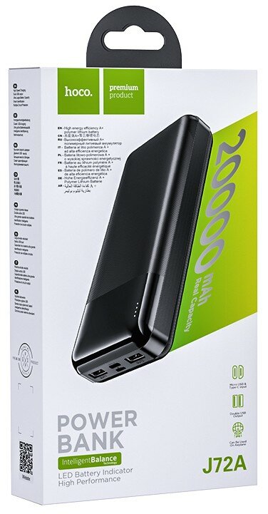 Внешний аккумулятор Hoco J72A, пластик, 2 порта USB+Type-C, 20000 мАч, чёрный