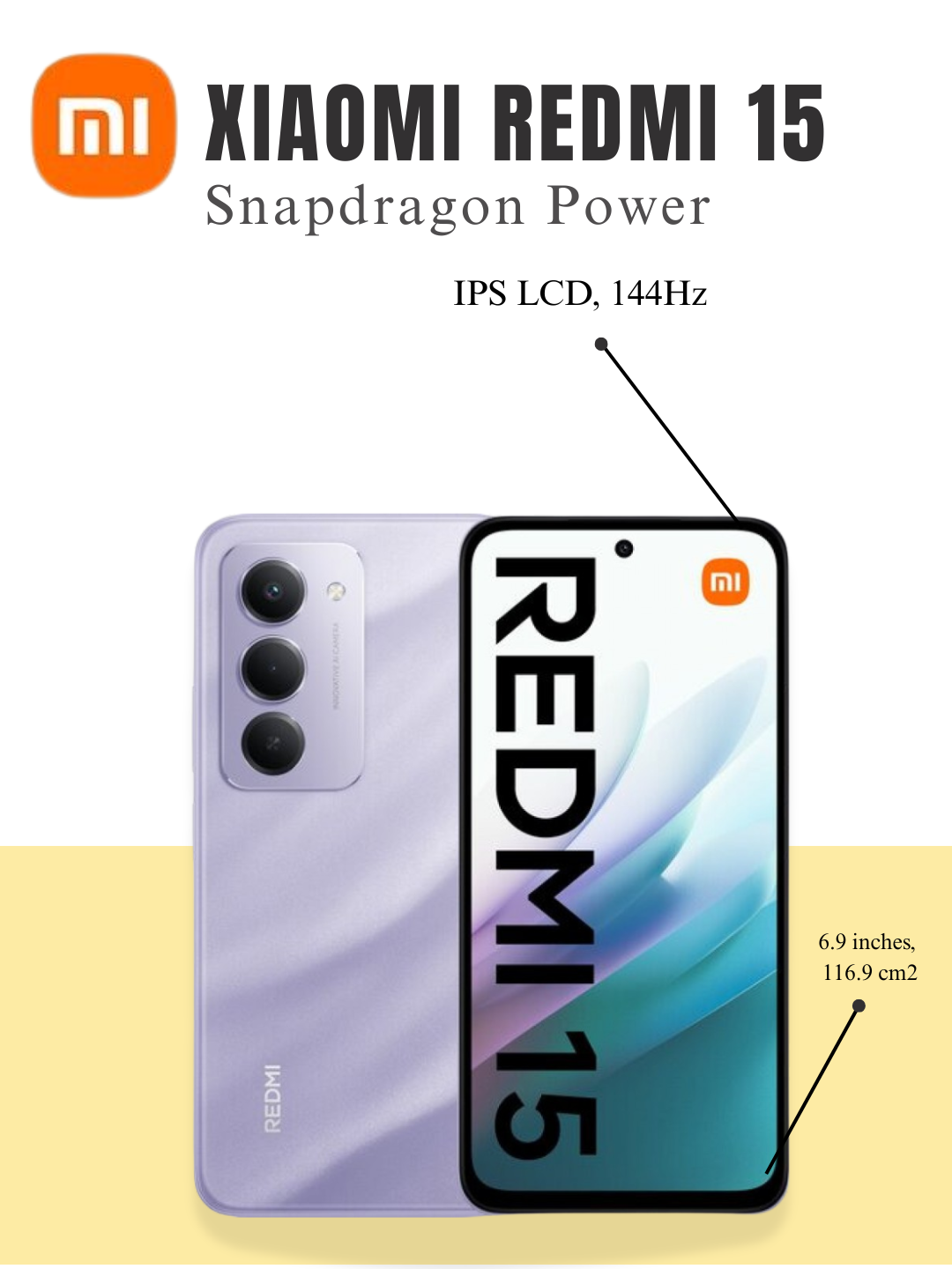 Смартфон Xiaomi Redmi 15, новая модель 2025 года, IPS LCD, 144H, 50 МП, f/1.8, аккумулятор 7000 мАч, фиолетовый,6/128 — фото 1
