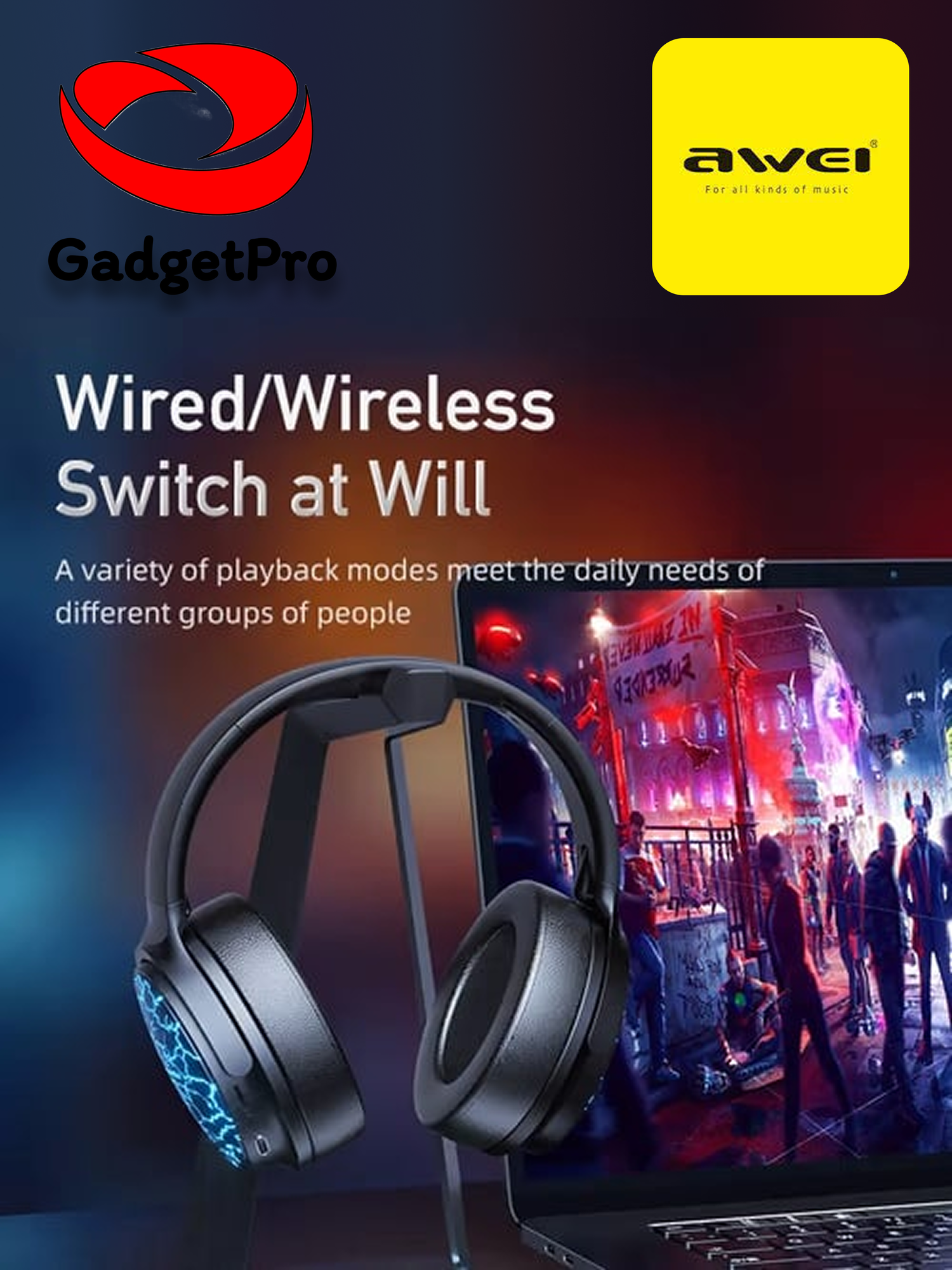 Игровые наушники Awei A780 Pro, с микрофоном, подсветка, беспроводное подключение, черные
