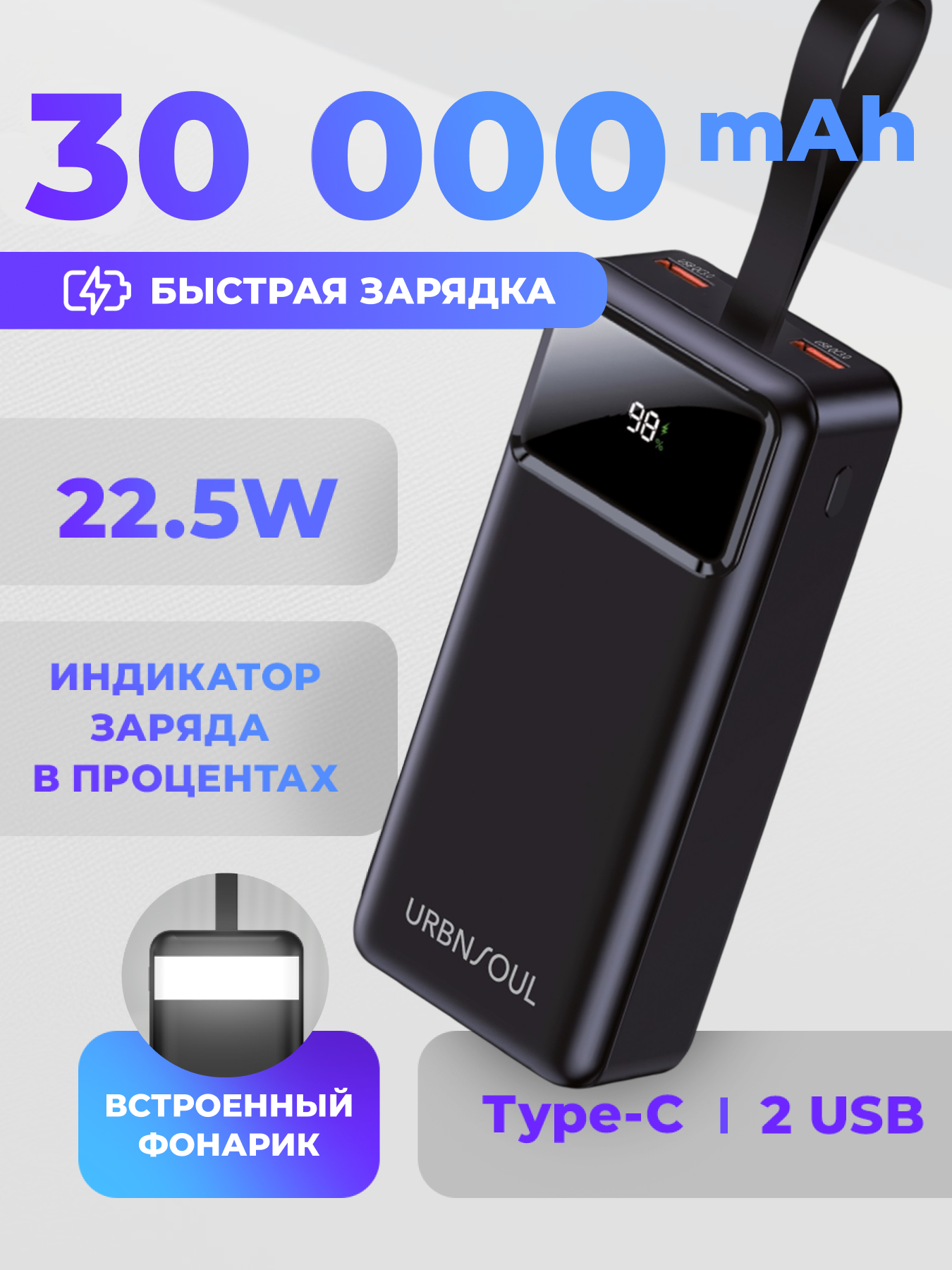 Повербанк 30000 mAh, 2 USB+Type-C, быстрая зарядка, встроенный фонарь, powerbank, пауэр банк, power bank, аккумулятор