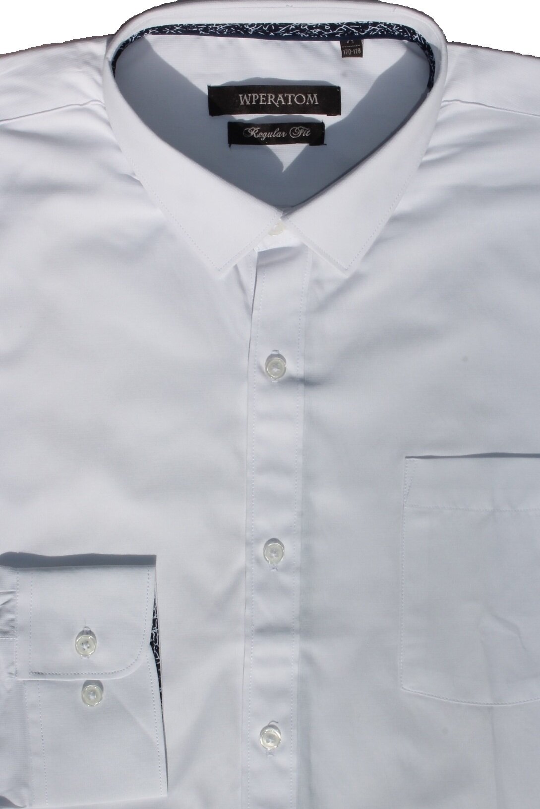 Рубашка прямой крой, белая с отделкой внутри ворота и манжет