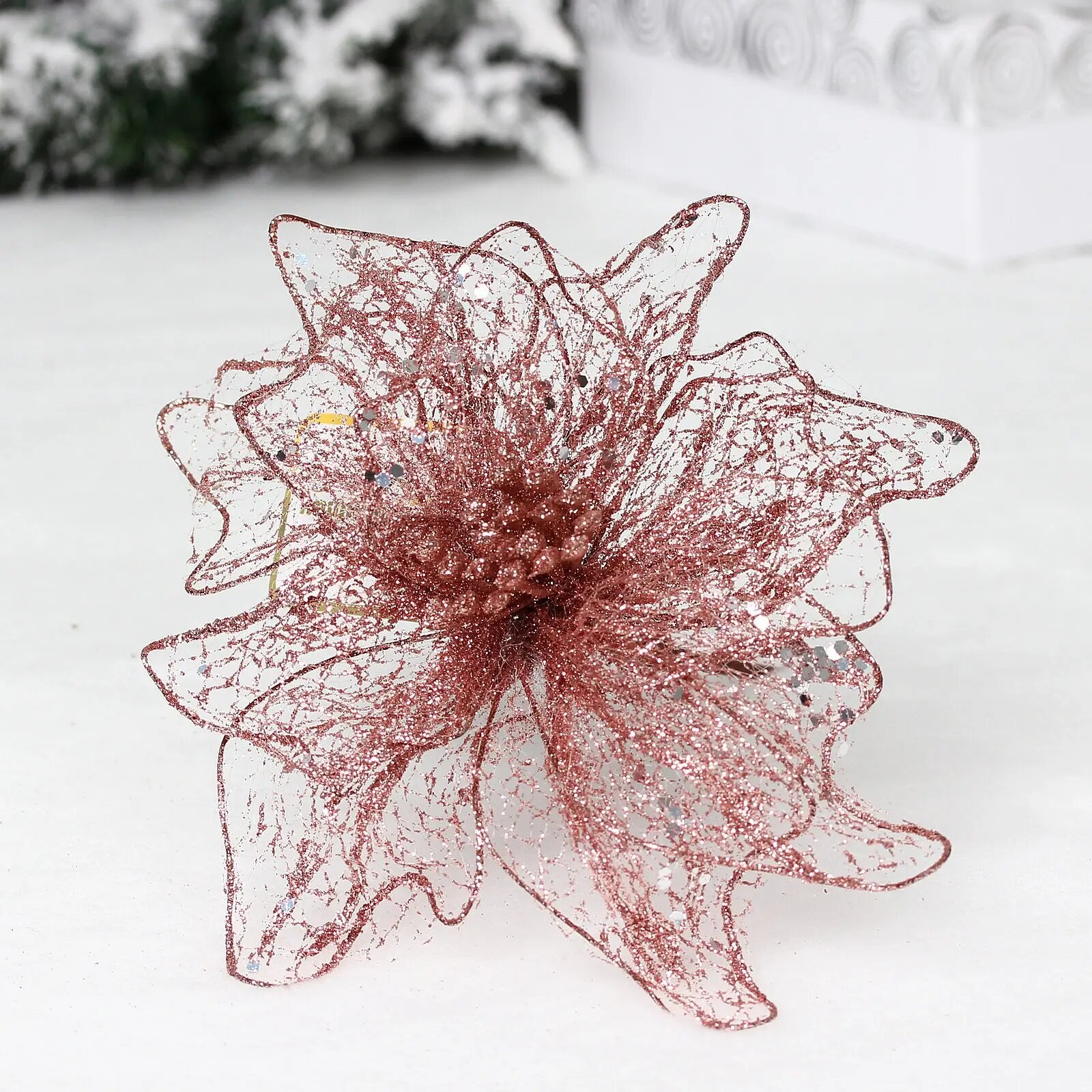 Украшение новогоднее 'Пуансеттия - Лунная ночь' 26см, розовое золото, пластик