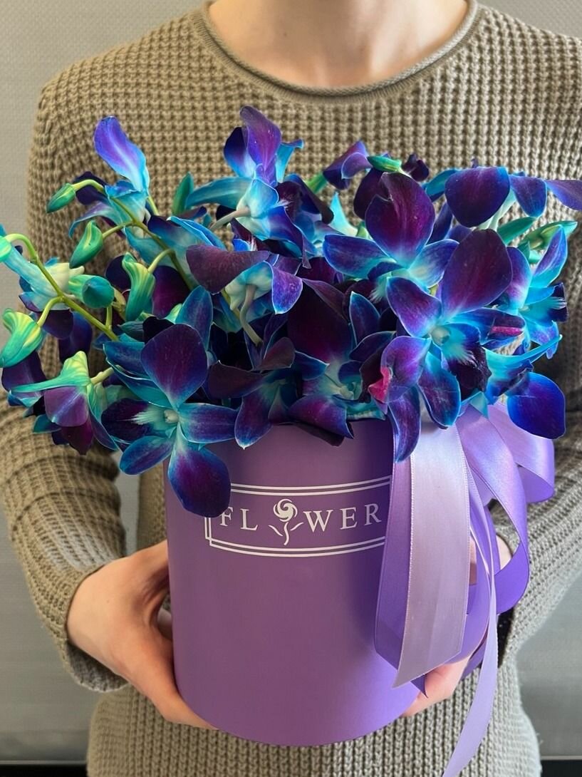 Композиция из космической орхидеи дендробиум в коробке - Plaza Flowers