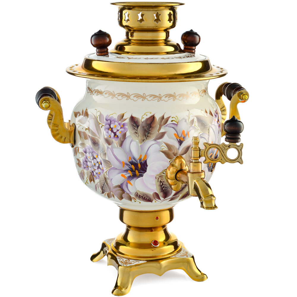 Самовар электрический 3 л с автоотключением, худ. росписью «Лилии на белом в золоте» формы «Овал»