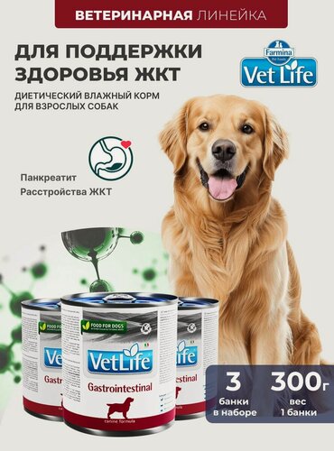 Изображение товара Vet Life При болезнях ЖКТ Для собак 3 шт х 300гр Gastrointestinal Влажный диетический корм farmina вет лайф Гастроинтестинал