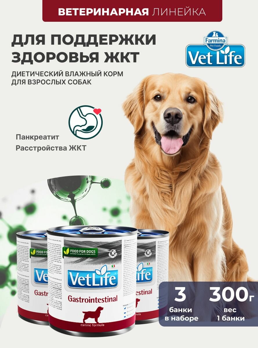 Vet Life При болезнях ЖКТ Для собак 3 шт х 300гр Gastrointestinal Влажный диетический корм farmina вет лайф Гастроинтестинал