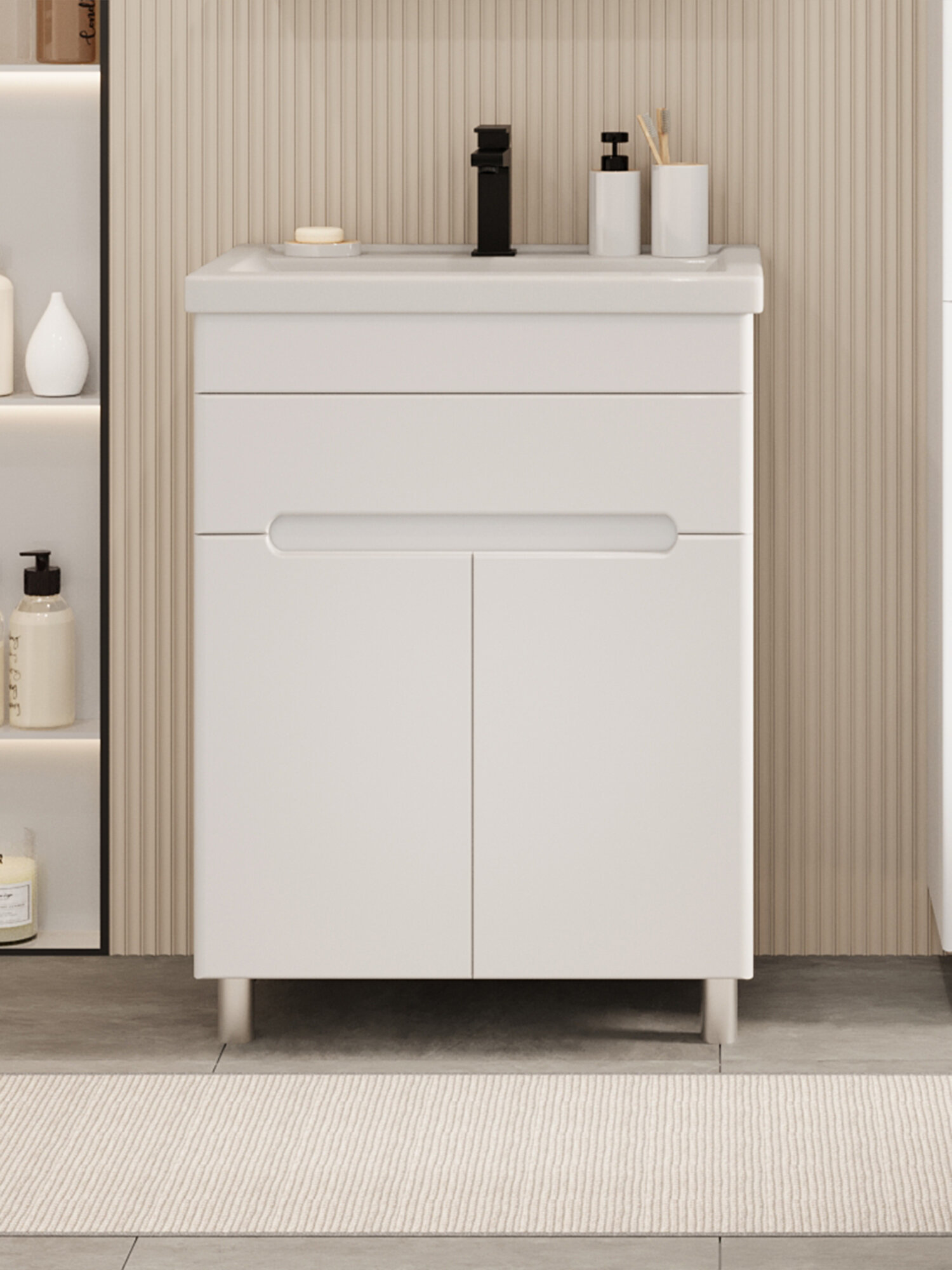 Тумба напольная Vannika Bliss 60 с раковиной Фостер 60 для ванной комнаты белая