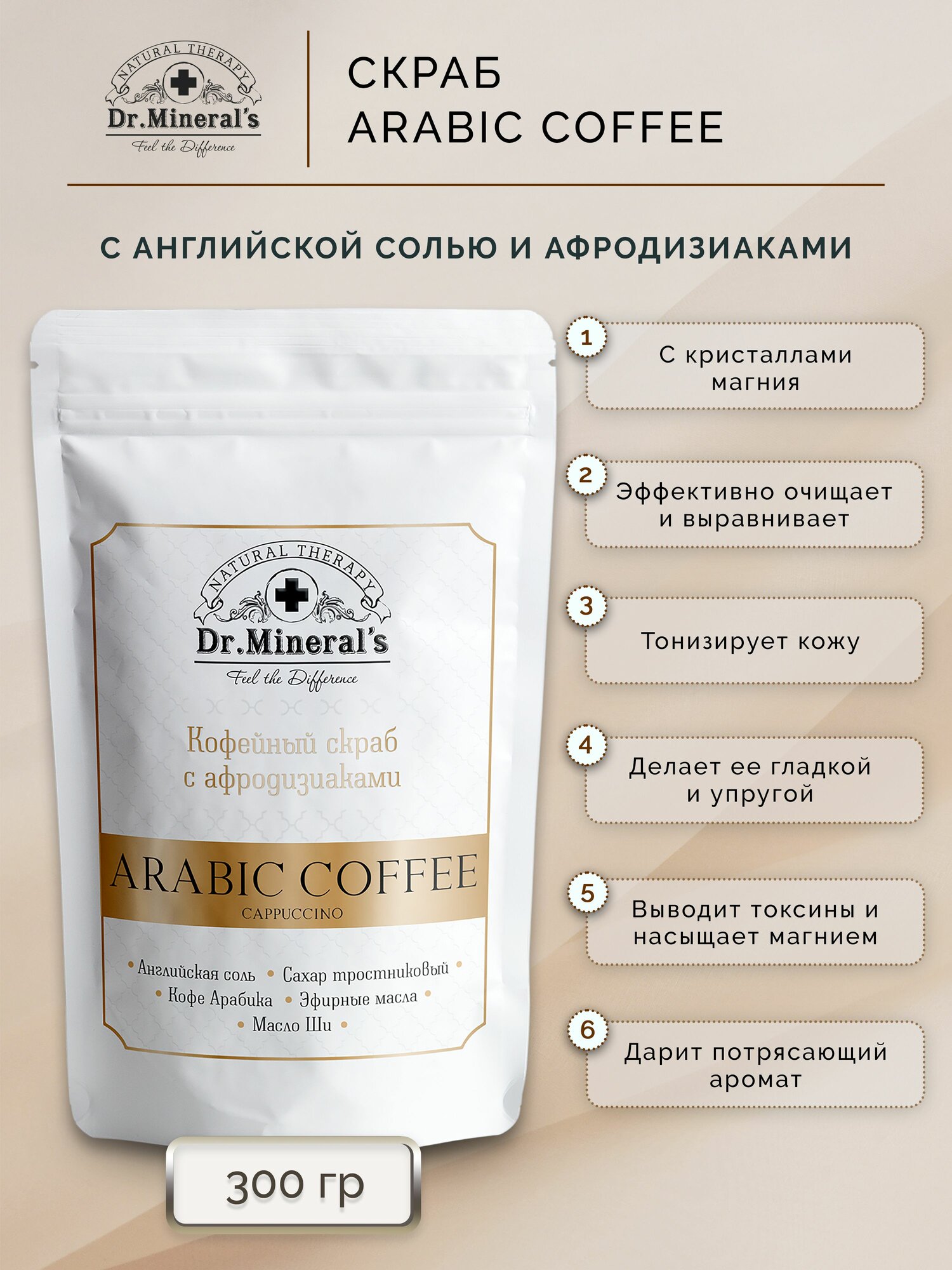 Dr. Mineral's. Кофейный скраб для тела антицеллюлитный, с натуральными маслами, Английской солью и афродизиаками