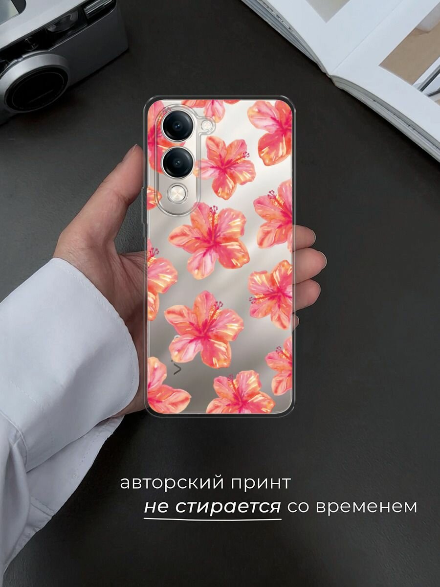 Силиконовый чехол на Vivo Y04 / Виво Y04 с принтом "Pink flowers" — фото 1