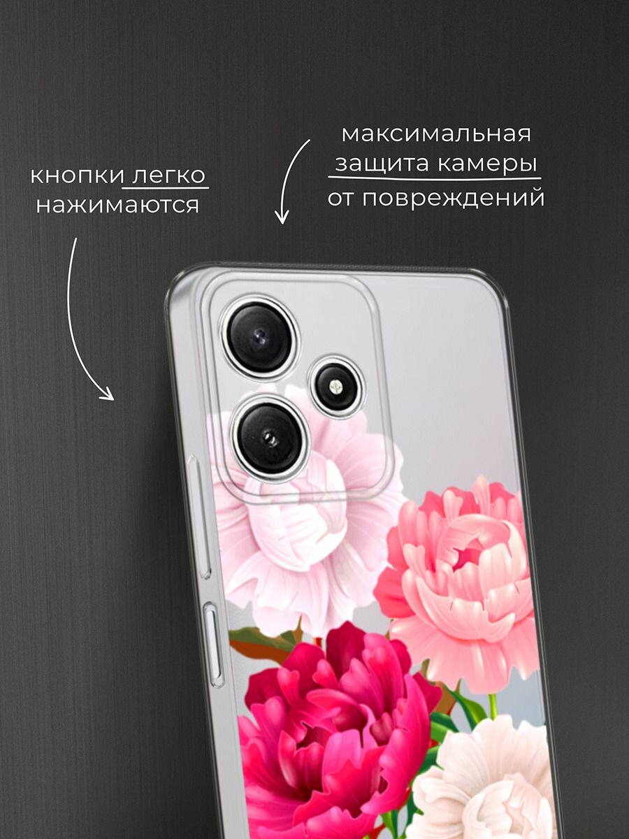 Чехол на Xiaomi Redmi 12 5G / Сяоми Редми 12 5G с принтом "Большие пионы", прозрачный — фото 1