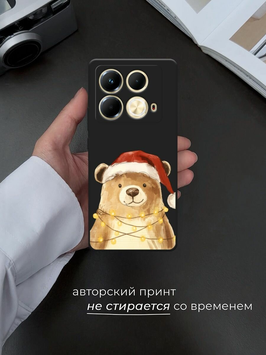Черный матовый чехол на Infinix Note 40 / Инфиникс Нот 40 с принтом "Медвежонок в шапочке" — фото 1
