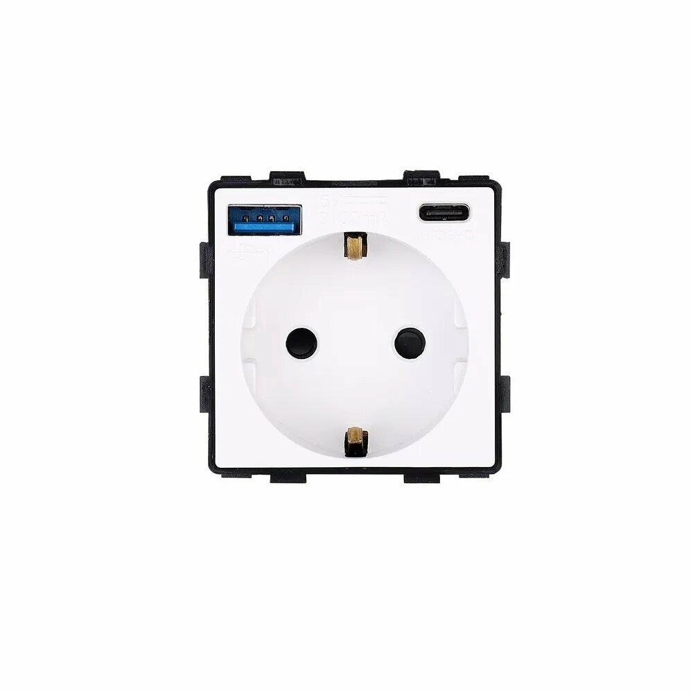 Розетка с USB и Type-C (A+C ) 20W для быстрой зарядки с заземлением и защитными шторками, без рамки / белая