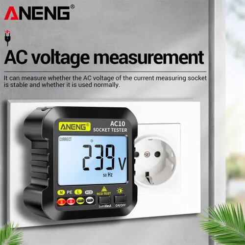 Тестер розеток ANENG AC10 с ЖК-дисплеем: определение фазы и полярности, 90 250 В