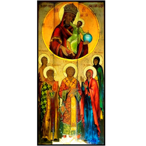 Ключ Разумения (Ключ Разума) икона Божией Матери со святыми деревянная на левкасе 26 см
