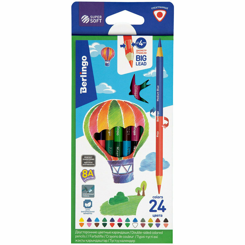 Карандаши цветные двусторонние Berlingo "SuperSoft. Duo", 24цв, 12шт, трехгр, заточ, европодвес, 299040