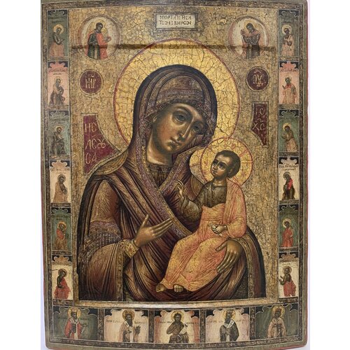 Иверская икона Божией Матери с Двенадцатью апостолами деревянная на левкасе 40 см