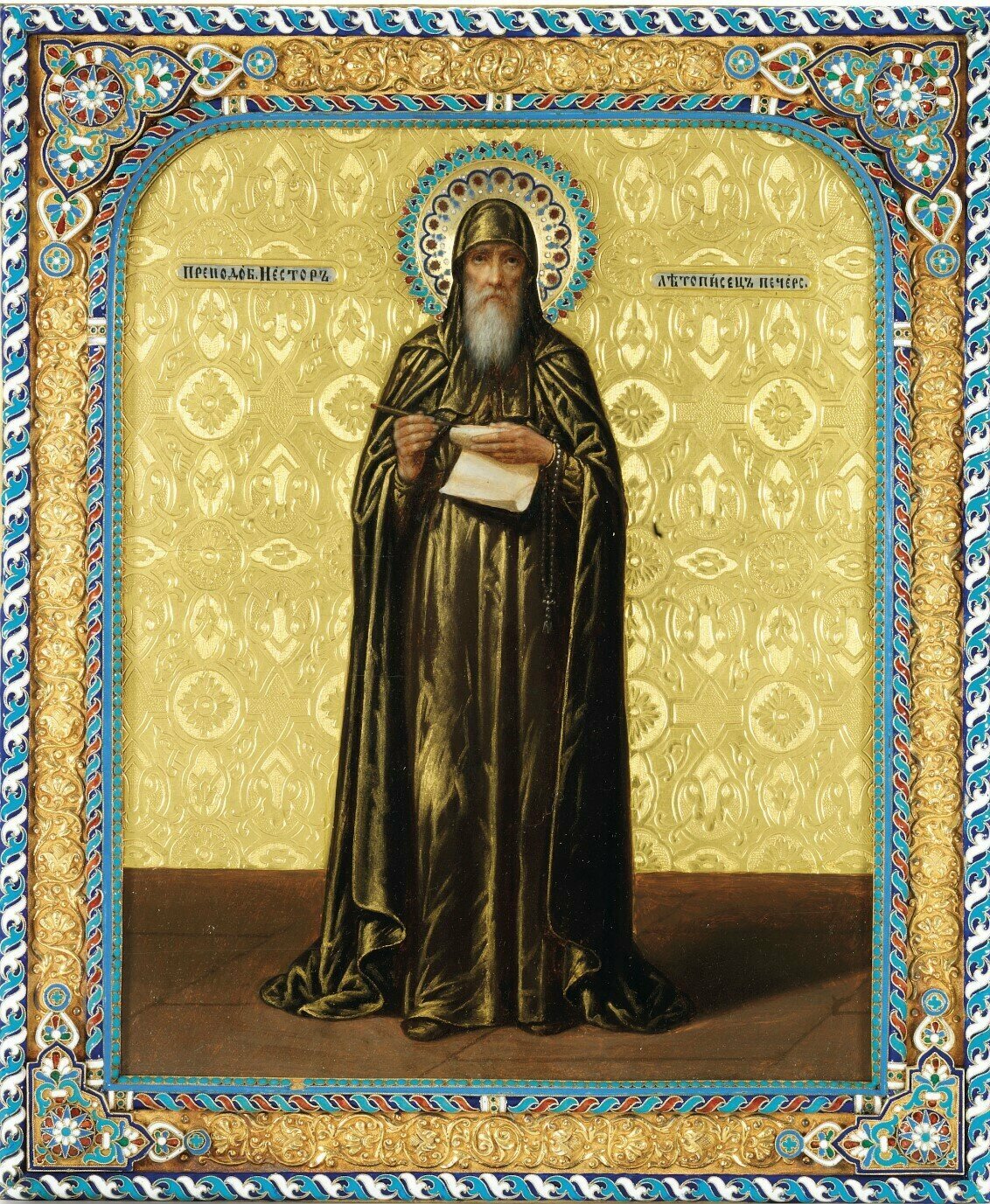 Святой Нестор Летописец Печерский деревянная икона на левкасе 40 см