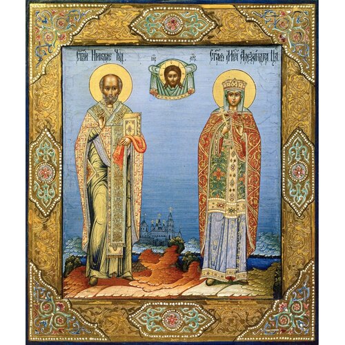 Икона святые Николай Чудотворец и Царица Александра на дереве на левкасе 19 см икона николай чудотворец размер иконы 10x13