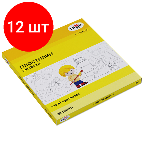 Комплект 12 шт, Пластилин Гамма Юный художник NEW, 24 цвета, 336г, со стеком. картон. упаковка