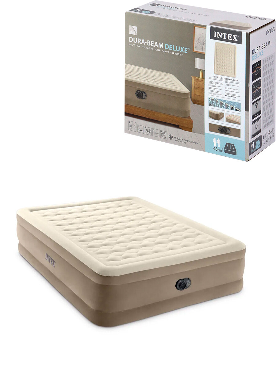 Кровать надувная Queen Ultra Plush Fiber-Tech Intex 203х152х46см со встроенным насосом, полутороспальная — фото 1