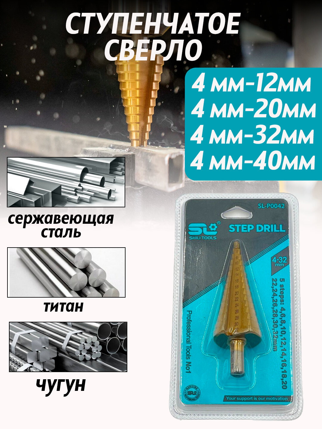 Сверло ступенчатое по металлу SL, 4мм-20мм