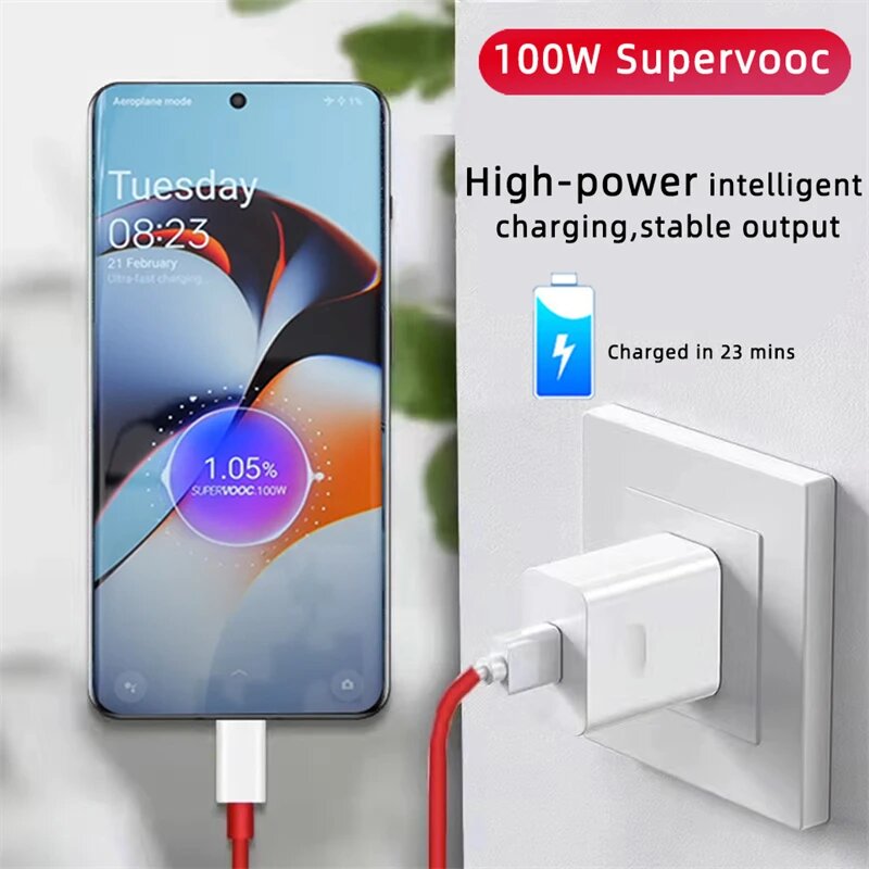 Для Oneplus оригинальное 100 Вт SuperVOOC зарядное устройство быстрая зарядка штекер США ЕС адаптер USB-кабель типа C для Oneplus 13r 12 11 10 13 Pro, US Charger and Cable — фото 1