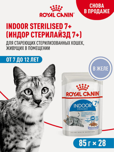 Изображение товара Влажный корм для стерилизованных кошек Royal Canin Indoor Sterilised 7+, кусочки в желе, 28 шт по 85 г