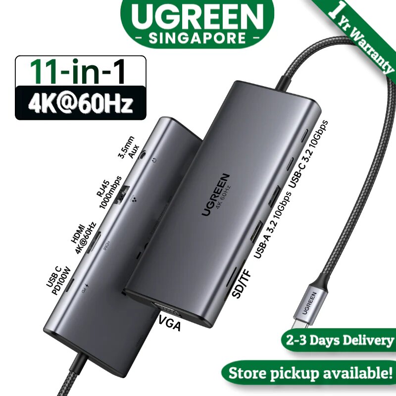 Док станция UGREEN 11-in-1 USB-C Hub, 2 HDMI, 8K/4K, 100W PD, 10 Гбит/с, Ethernet, SD/microSD