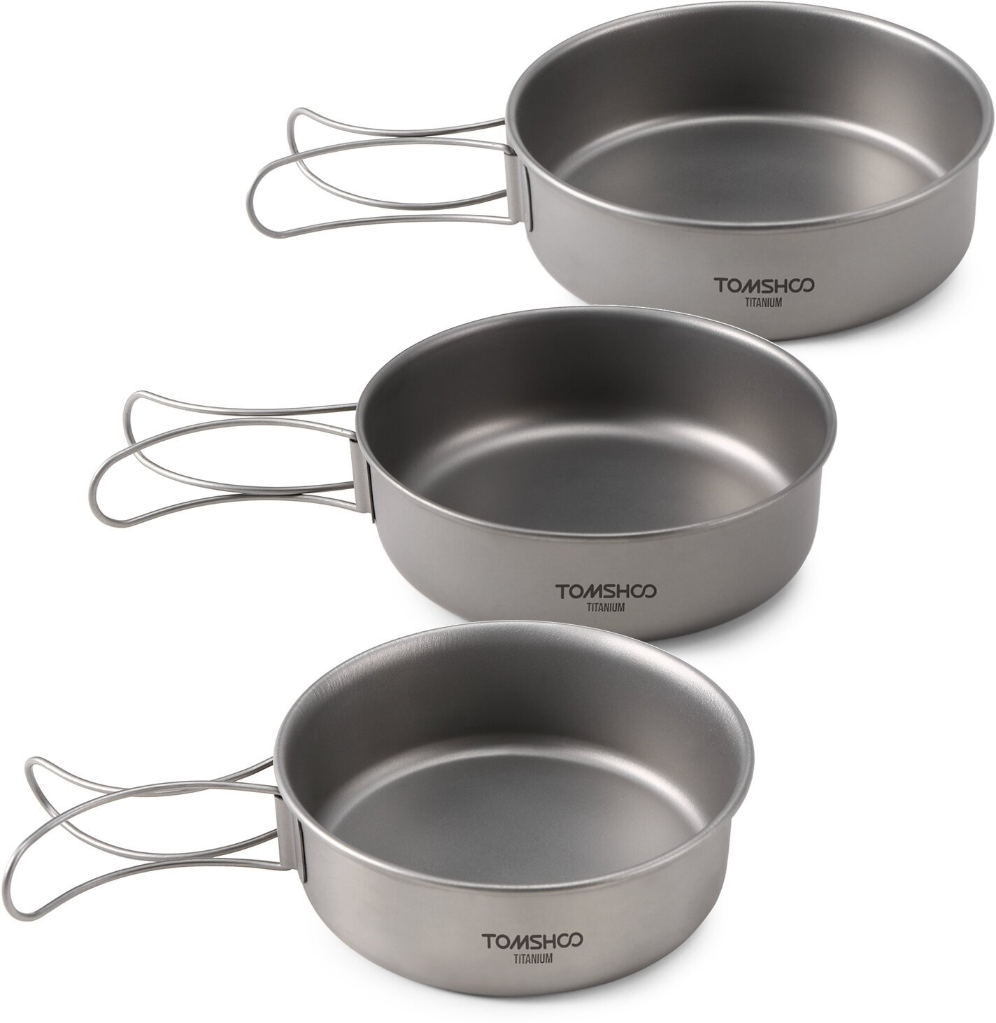 фото Набор титановых мисок 3шт со складными ручками. 350мл, 300мл, 250мл. Туристическая походная посуда для кемпинга.