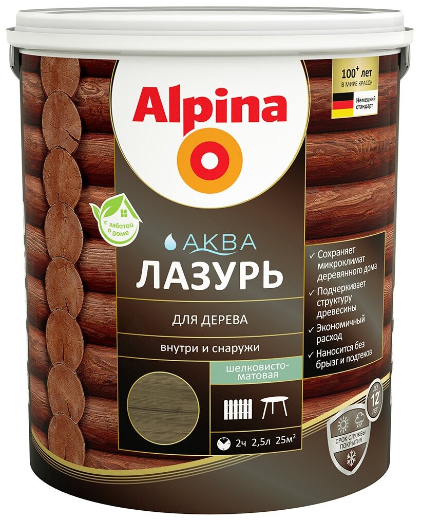 Защитная лазурь для дерева Alpina Аква, 2,5 л, черная