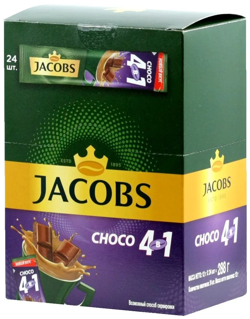 Напиток кофейный Jacobs 4 в 1 Choco, растворимый, 24 стика по 12 г