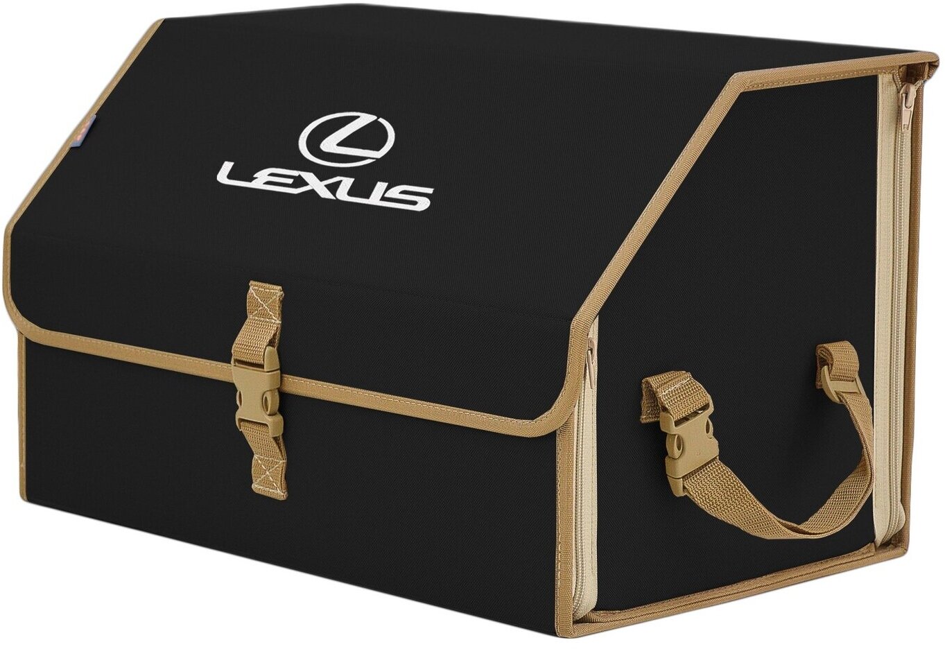 Органайзер-саквояж в багажник "Союз" (размер L). Цвет: черный с бежевой окантовкой и вышивкой Lexus (Лексус).