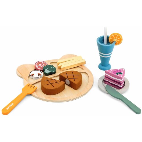 Развивающие игрушки из дерева Viga Toys, Набор игрушечных продуктов с посудой Обед (15 предметов) 44058