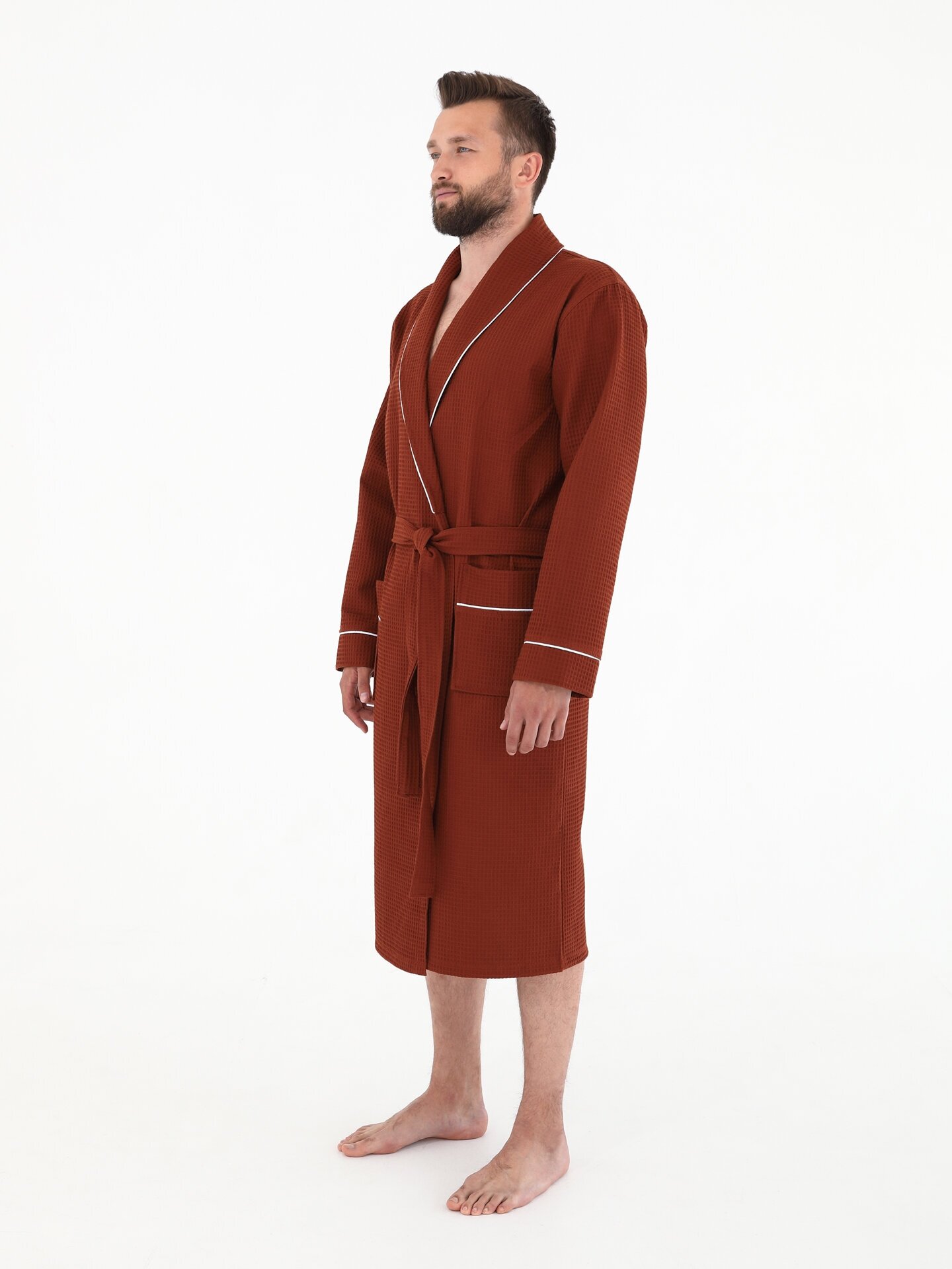 Халат вафельный Everliness мужской шалька+кант, цвет шоколад, размер 56 - фотография № 2