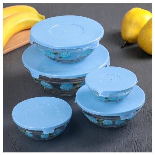 фото Набор салатников с крышками "незабудки", 5 шт: 130/200/350/500/900 мл, цвет синий доляна