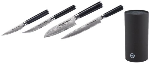 SD-0245КРЧПТ набор из 4-х ножей, овощной, универсал-стейковый, сантоку, слайсер и подставка из пластика