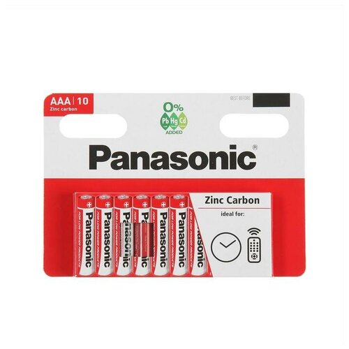 Батарейка солевая Panasonic Zinc Carbon, AAA, R03-10BL, 1.5В, блистер, 10 шт.