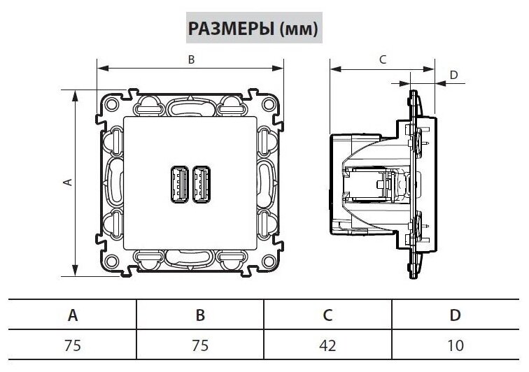 Зарядное устройство с двумя USB-разьемами тип А-тип С 240В/5В 3000мА.С лиц. пан. Белая - фотография № 2