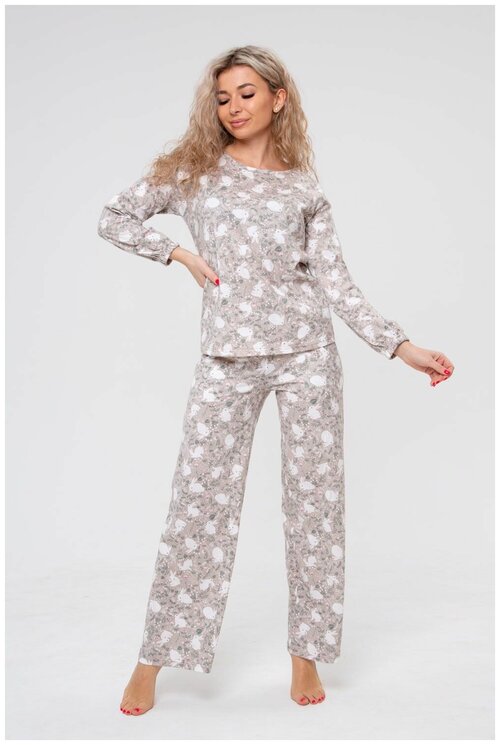 Пижама Dianida, брюки, длинный рукав, трикотажная, размер 48, бежевый
