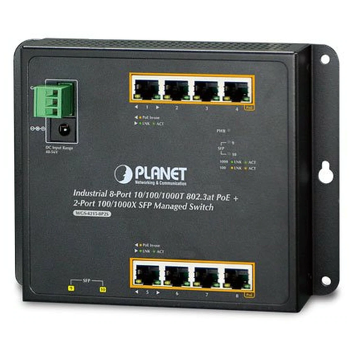 Коммутатор PLANET WGS-4215-8P2S (IP30, IPv6/IPv4, 8-Port 1000T 802.3at PoE + 2-Port 100/1000X SFP Wall-mount Managed Ethernet Switch (-40 to 75 C, dual power input on 48-56VDC terminal block and power jack, SNMPv3, 802.1Q VLAN, IGMP Snooping, SSL, SS mikrotik фрезерный роутер 600 мгц 64 мб пассивный poe 5x1 0 100 мбит с 5x1 0 100 мбит с rb2011il