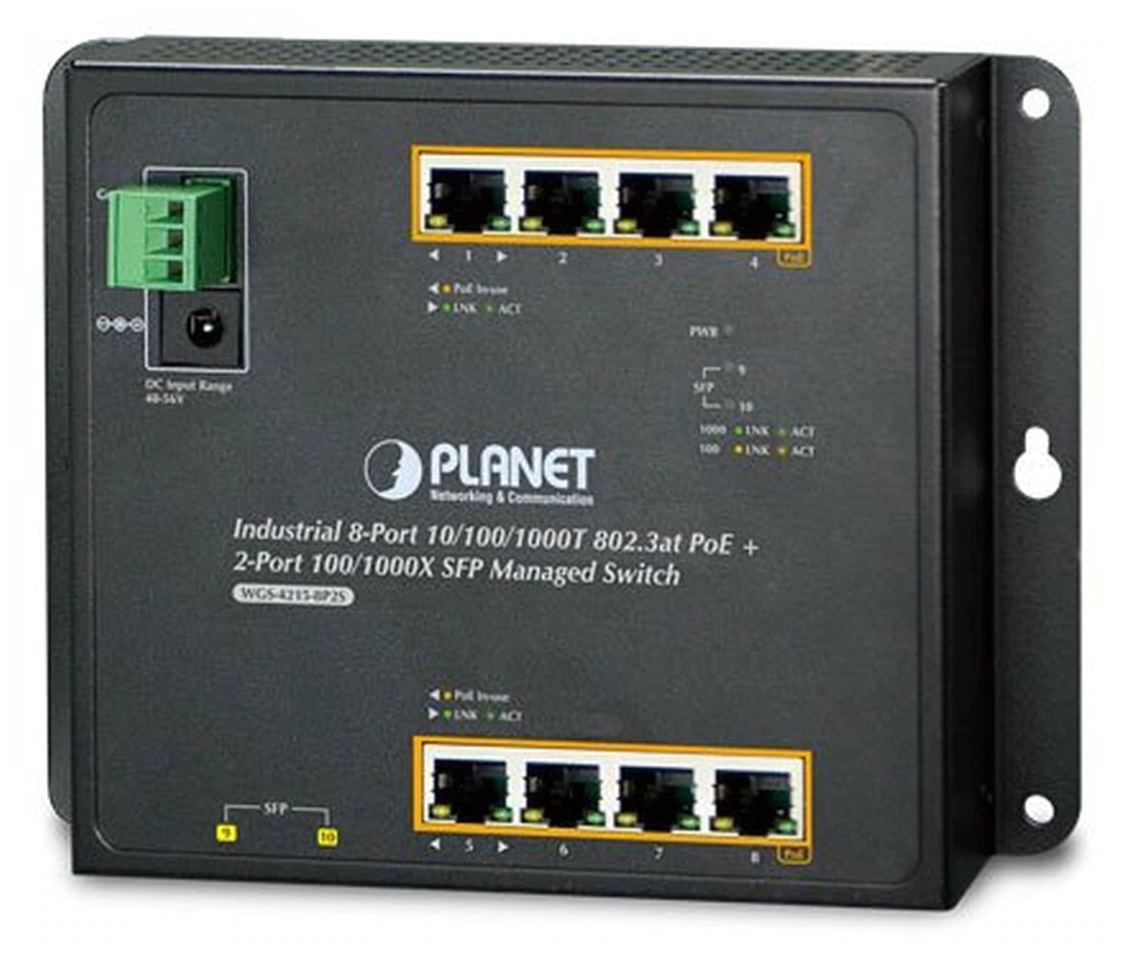 Коммутатор PLANET WGS-4215-8P2S (IP30, IPv6/IPv4, 8-Port 1000T 802.3at PoE + 2-Port 100/1000X SFP Wall-mount Managed Ethernet Switch (-40 to 75 C, dual power input on 48-56VDC terminal block and power jack, SNMPv3, 802.1Q VLAN, IGMP Snooping, SSL, SS