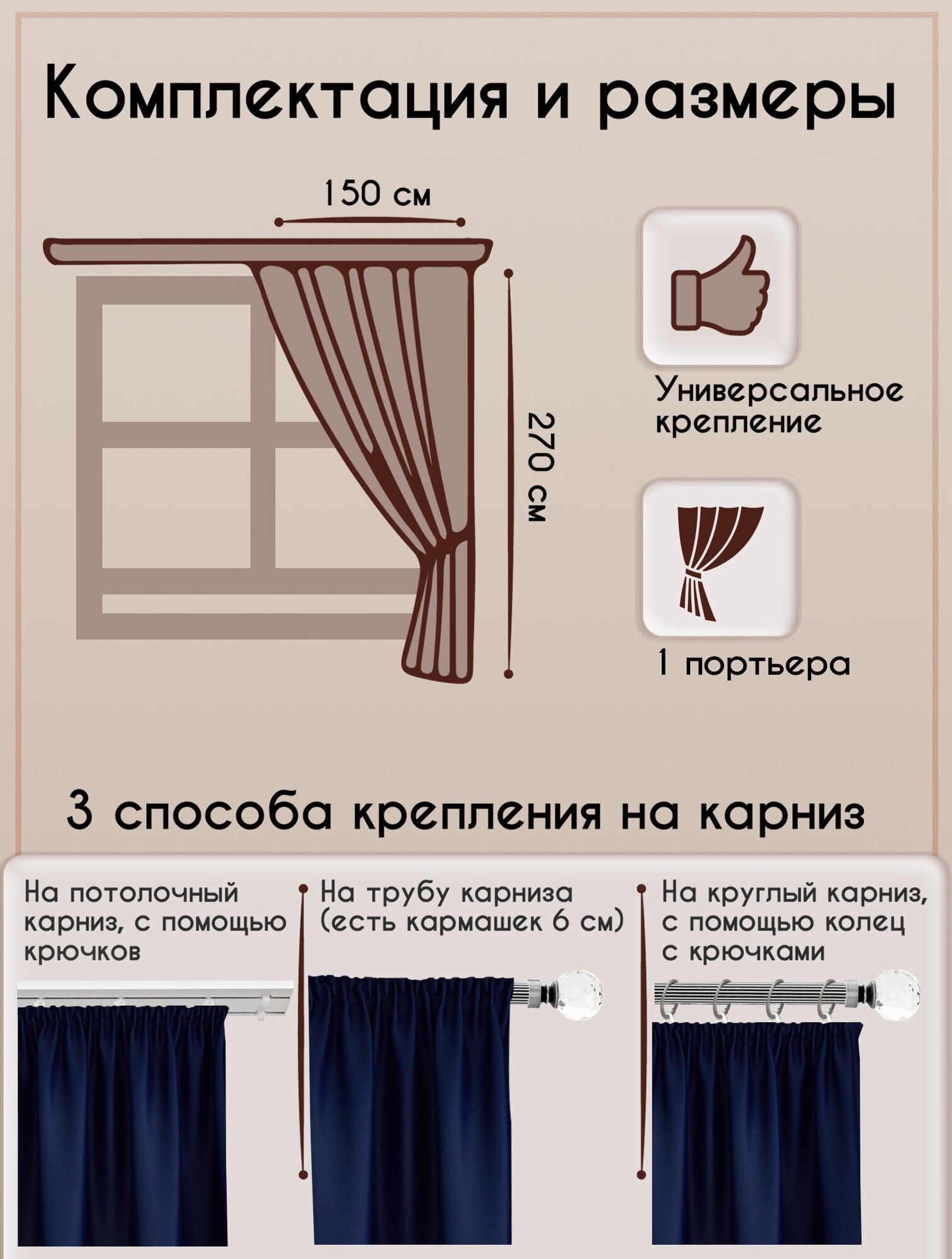 Штора блэкаут 150х270 см, темно-синий / Портьера - фотография № 2