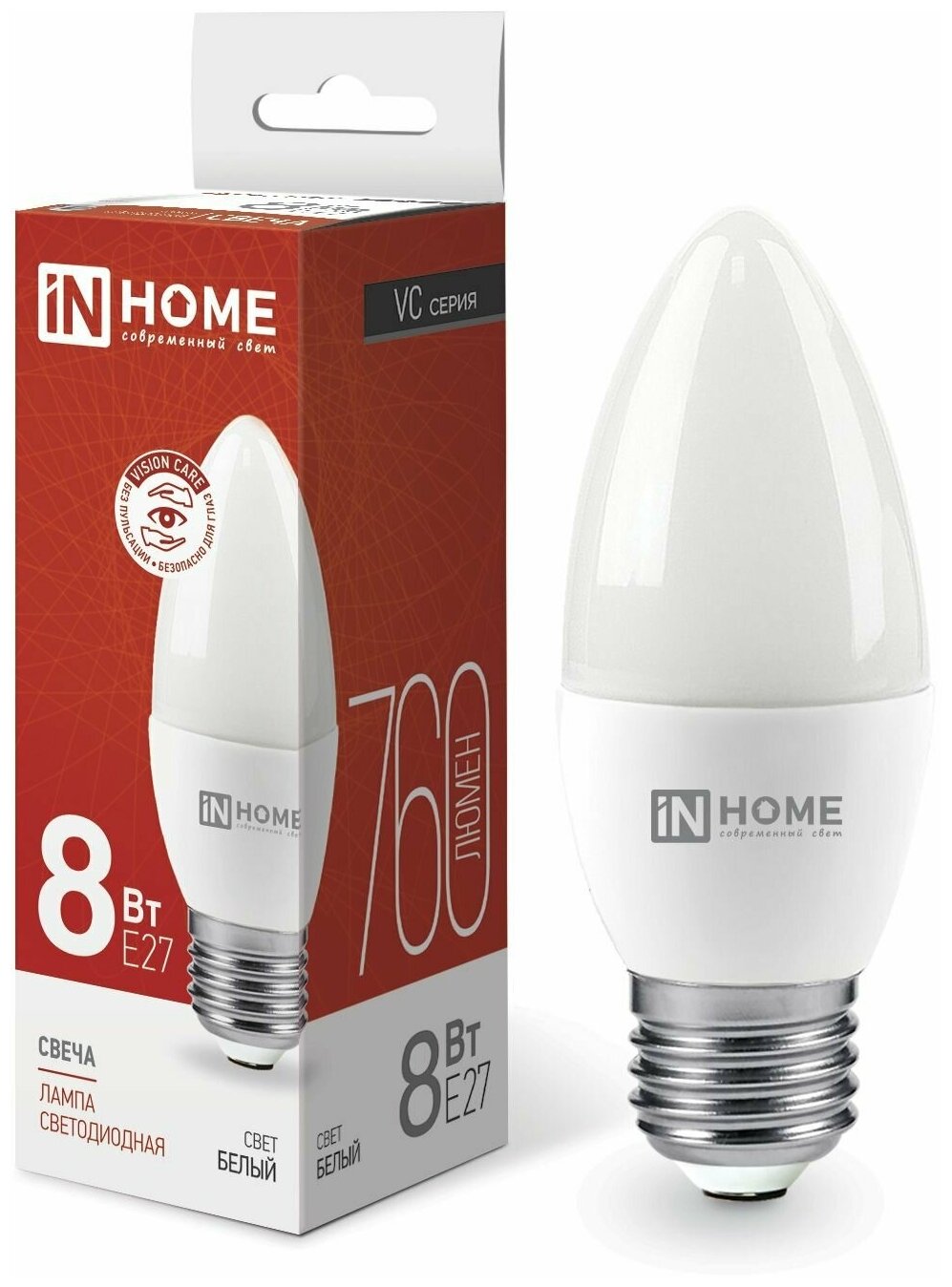 Лампа светодиодная LED-СВЕЧА-VC 8Вт свеча 4000К нейтр. бел. E27 760лм 230В IN HOME 4690612020457
